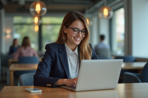 Jeune femme travaillant sur un ordinateur dans un espace coworking