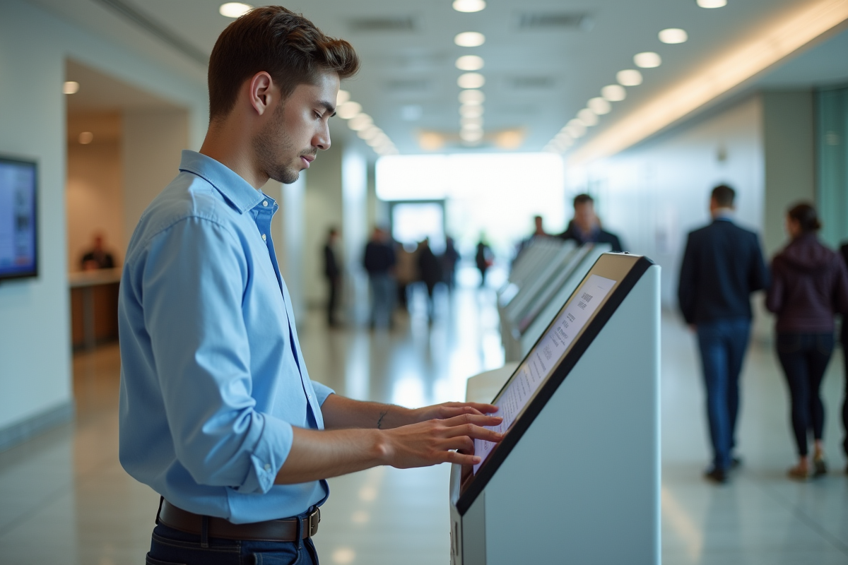 Jeune homme utilisant un kiosque administratif dans un hall