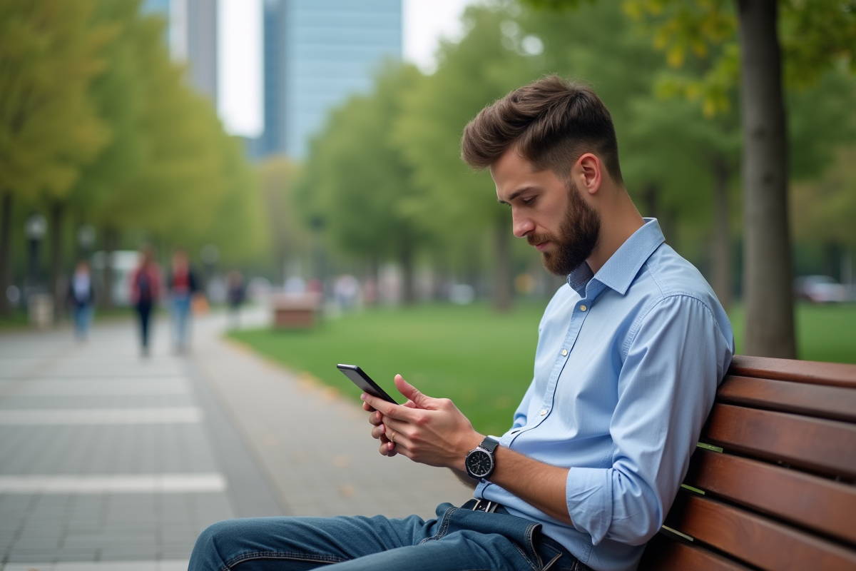 Jeune homme en ville vérifiant ses emails sur smartphone