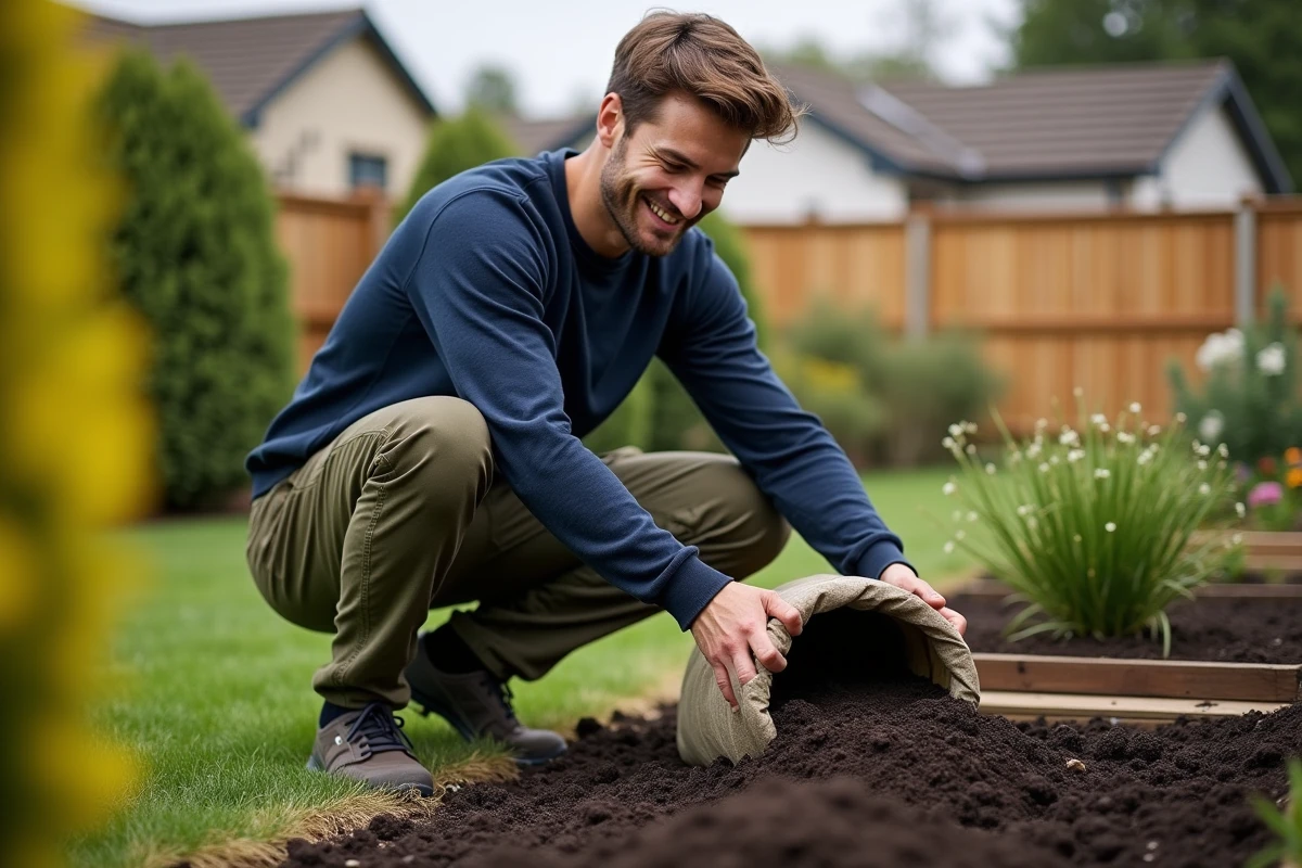 Jeune homme versant du terreau dans son jardin