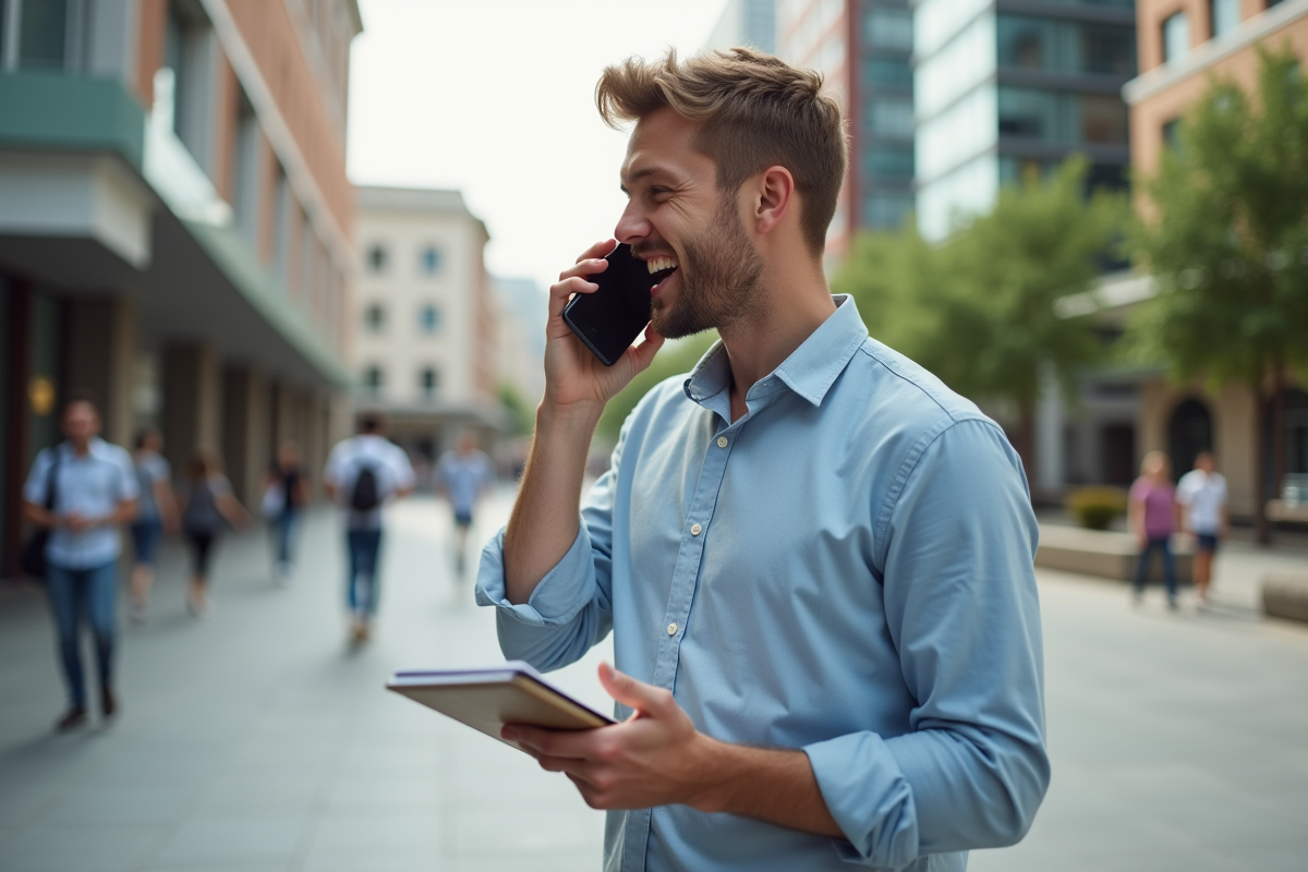 Jeune homme parlant au téléphone dans une place urbaine animée