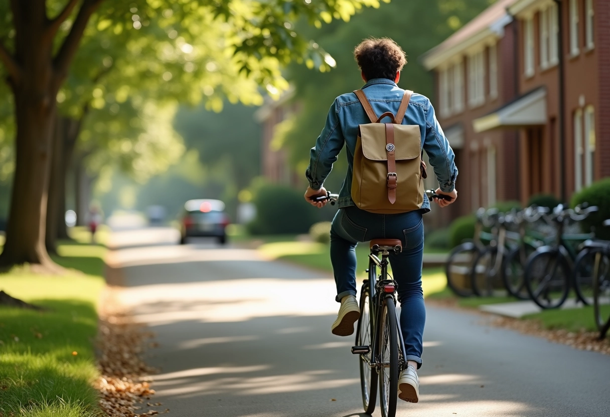 Jeune homme à vélo dans un quartier résidentiel verdoyant