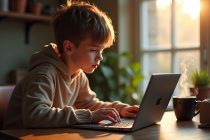Jeune personne concentrée sur un jeu de mots en ligne à son bureau