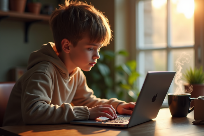 Jeune personne concentrée sur un jeu de mots en ligne à son bureau