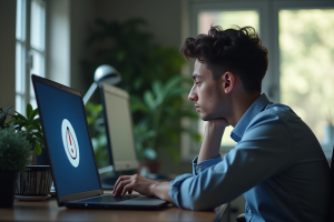 Jeune professionnel frustré face à un ordinateur au bureau