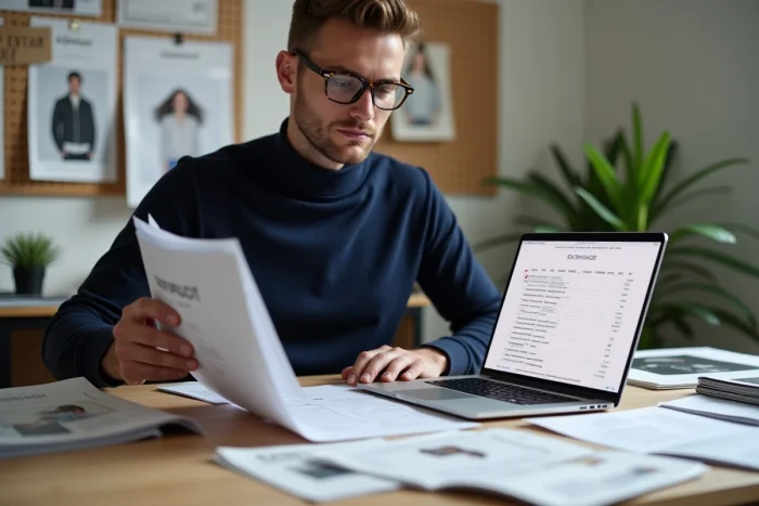 Journaliste de mode analysant des rapports de tendances et un calendrier des collections annuelles devant un bureau minimaliste