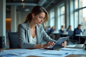 Journaliste femme consultant des actualités en temps réel dans une salle de rédaction moderne