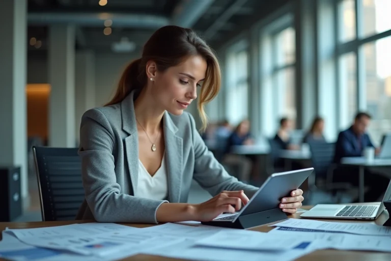 Journaliste femme consultant des actualités en temps réel dans une salle de rédaction moderne