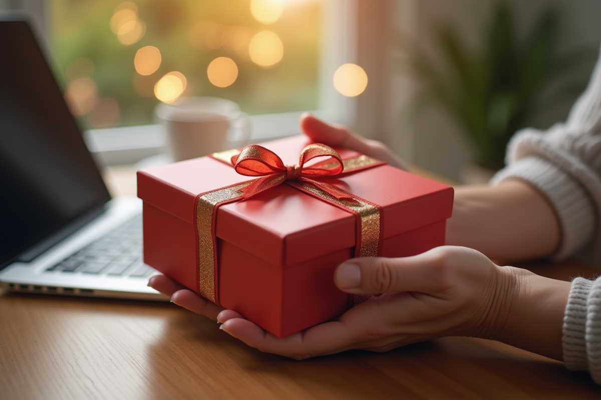 Mains tenant une carte cadeau sur un bureau en bois clair