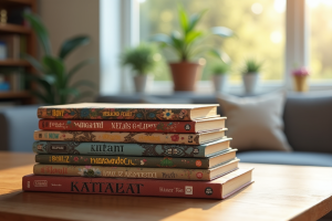 Pile de mangas aux couvertures détaillées dans un salon lumineux