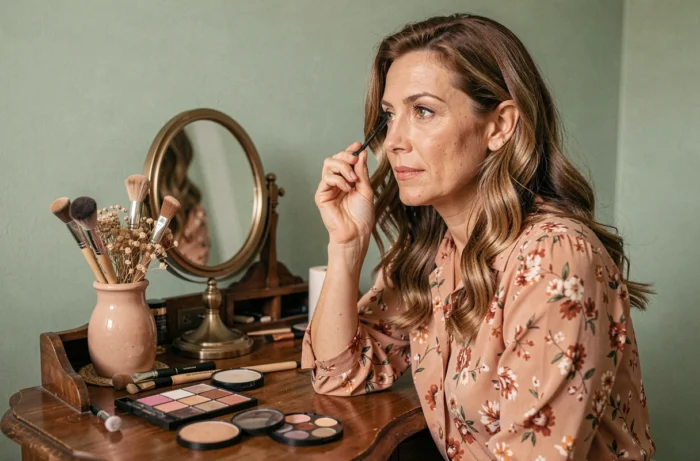 Femme mature appliquant du mascara devant une coiffeuse vintage avec accessoires de maquillage