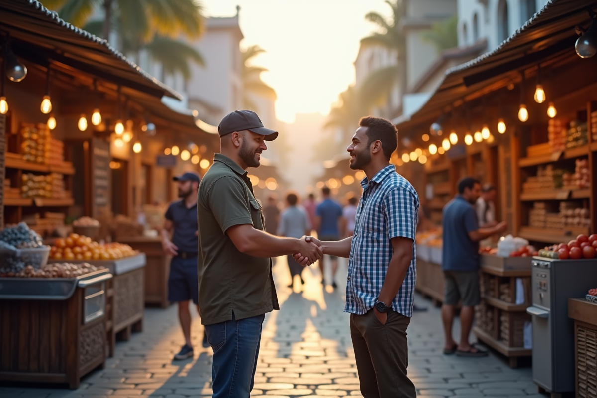 Echange entre deux commerçants dans un marché dynamique