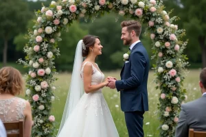 Jeune couple de mariés échangeant leurs vœux dans un jardin