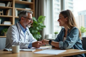 Médecin montrant une application santé sur smartwatch à une jeune femme