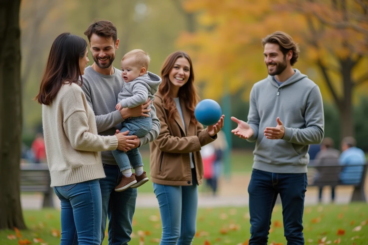 Parents discutant dans un parc avec enfants jouant en arrière-plan