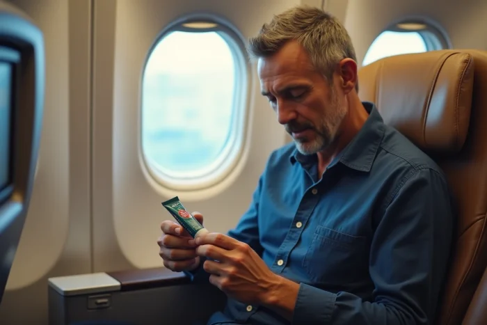 Passager en avion lisant l'étiquette d'un tube de dentifrice de voyage assis côté hublot
