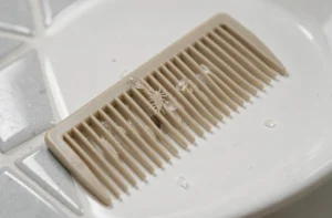 Gros plan macro d'un peigne anti-poux avec des lentes et exosquelettes vides sur surface blanche, illustration scientifique du cycle de vie des poux