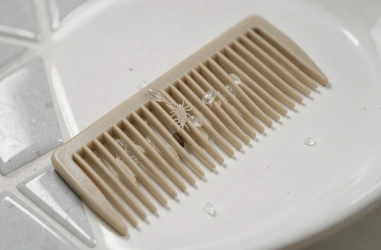 Gros plan macro d'un peigne anti-poux avec des lentes et exosquelettes vides sur surface blanche, illustration scientifique du cycle de vie des poux