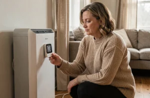 Femme examinant un thermostat de pompe à chaleur murale dans un salon moderne et bien isolé