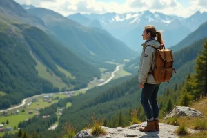 Jeune femme en randonnée contemplant la vallée