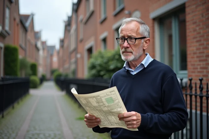 Homme examinant un plan cadastral devant une maison de briques belge traditionnelle