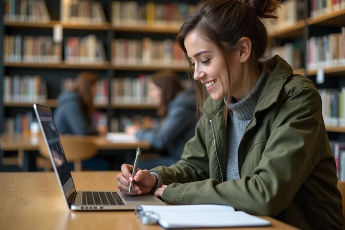 Jeune femme recherchant le propriétaire d'un bien immobilier sur un site officiel belge en bibliothèque