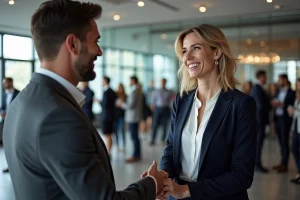 Deux professionnels échangeant une poignée de main lors d'un événement de réseautage professionnel dans un espace moderne