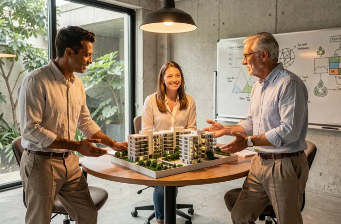 Équipe de professionnels discutant d'un projet de placement immobilier responsable autour d'une maquette architecturale