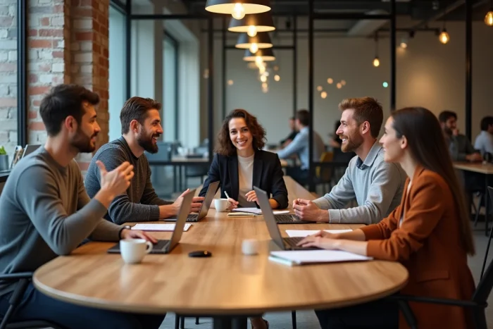 Groupe de professionnels en réunion collaborative autour d'une table dans un espace de co-working moderne