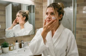 Femme appliquant sa routine de soin du visage devant un miroir de salle de bain élégante