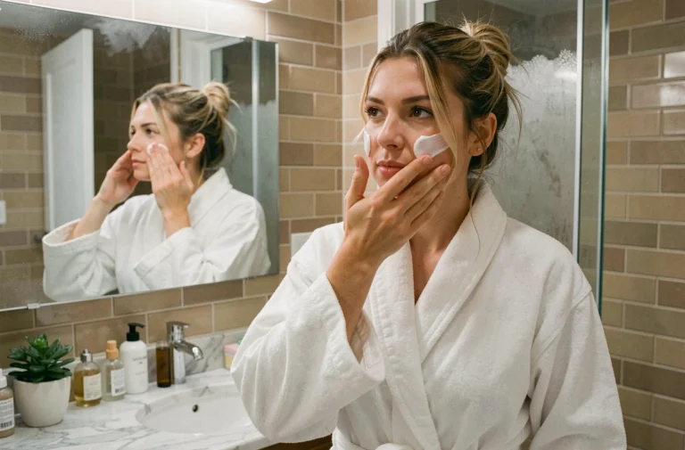Femme appliquant sa routine de soin du visage devant un miroir de salle de bain élégante