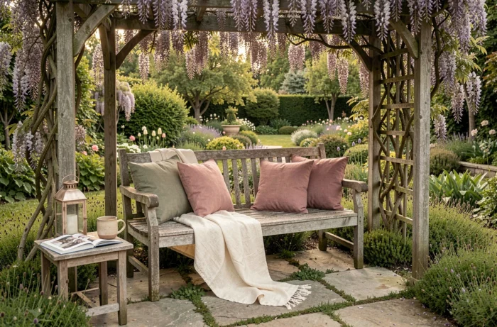 Coin salon de jardin paisible sous une pergola couverte de glycine avec banc en teck et coussins en lin