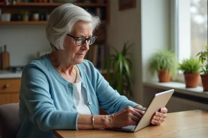 Femme senior naviguant sur une tablette numérique depuis sa cuisine pour accéder à des services en ligne dédiés aux personnes âgées
