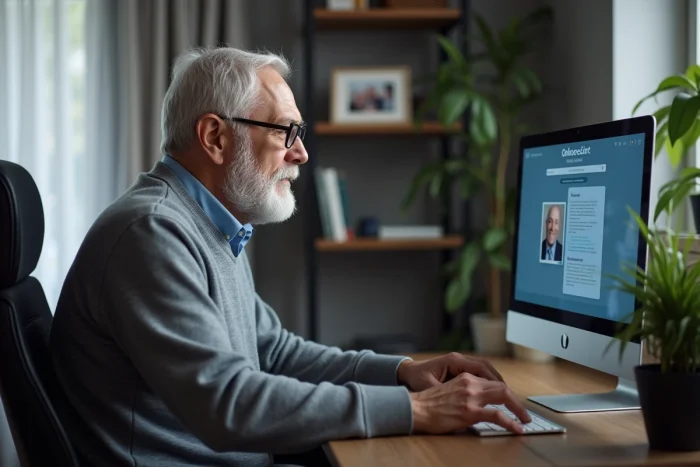Homme senior utilisant un ordinateur de bureau à domicile pour consulter des services pratiques disponibles en ligne pour les retraités