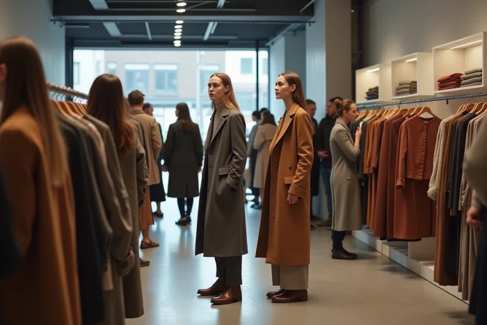 Showroom de mode lors d'une présentation de collection avec modèles et acheteurs examinant des vêtements prêt-à-porter saisonniers