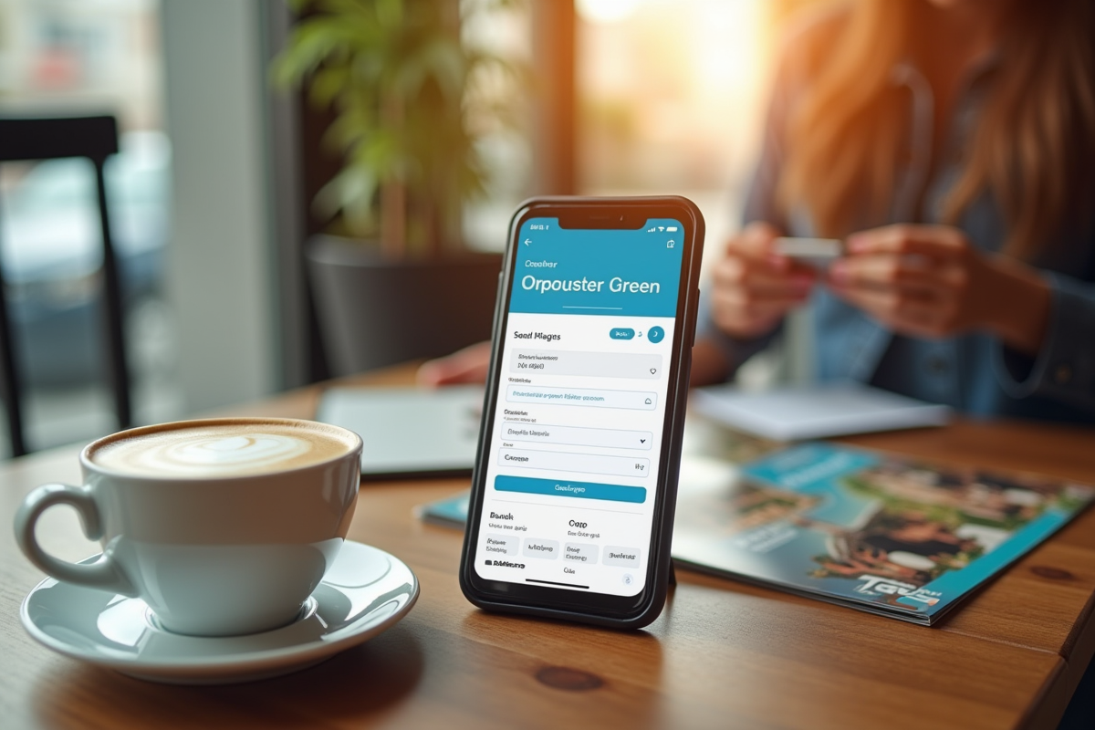 Smartphone sur une table de café avec brochures et cappuccino
