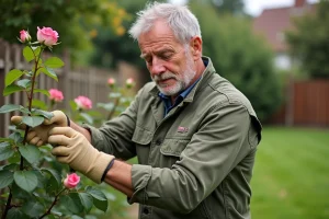 Homme d'âge moyen taillant une rose dans un jardin verdoyant