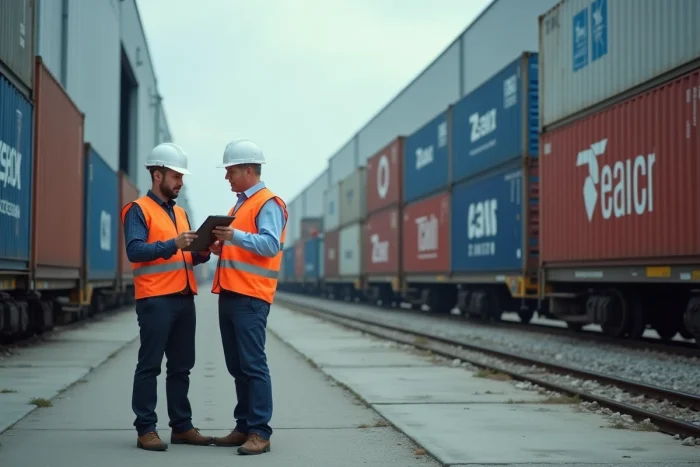 Terminal logistique européen avec gestionnaires inspectant des conteneurs d'expédition liés aux échanges commerciaux franco-CEI