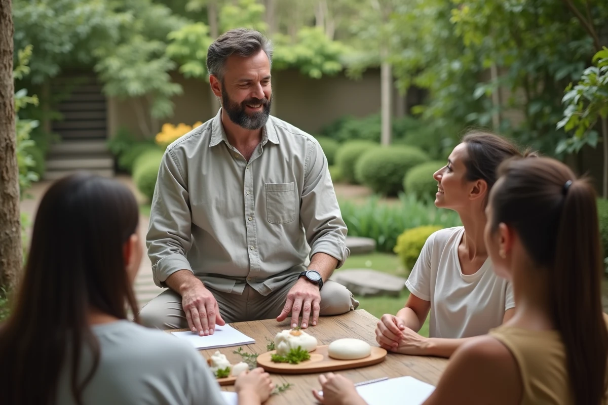 Thérapeute guidant une séance de pratique holistique en plein air