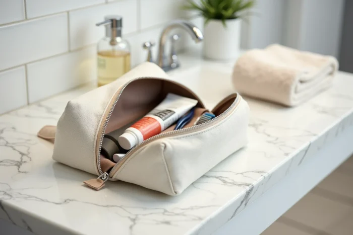 Trousse de toilette de voyage ouverte avec dentifrice 100ml conforme aux règles des 100ml en avion