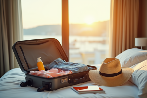 Valise ouverte sur un lit avec vêtements d'été et chapeau de paille