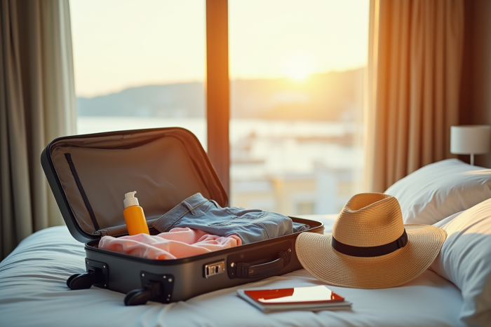 Valise ouverte sur un lit avec vêtements d'été et chapeau de paille
