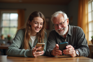 Jeune femme et homme âgé utilisant des téléphones vintage et moderne