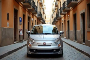 Voiture de location garée dans une ruelle pavée de Palerme avec panneau de zone ZTL visible