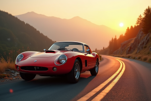 Voiture de sport rouge sur route de montagne au lever du soleil