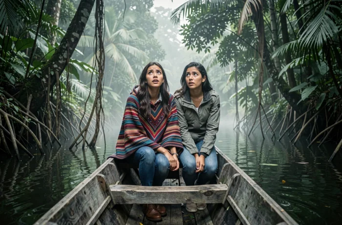 Deux voyageuses en bateau traditionnel sur une rivière tropicale en jungle, vivant une expérience de voyage authentique et immersive