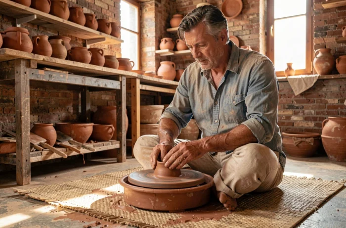 Homme en voyage culturel apprenant la poterie artisanale dans un atelier traditionnel en brique avec des œuvres en terre cuite
