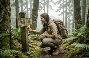Voyageuse explorant un sentier de randonnée en forêt montagnarde avec un sac à dos en lin, découvrant un panneau en bois au milieu de la brume