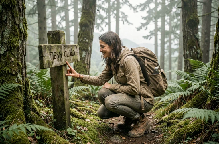 Voyageuse explorant un sentier de randonnée en forêt montagnarde avec un sac à dos en lin, découvrant un panneau en bois au milieu de la brume