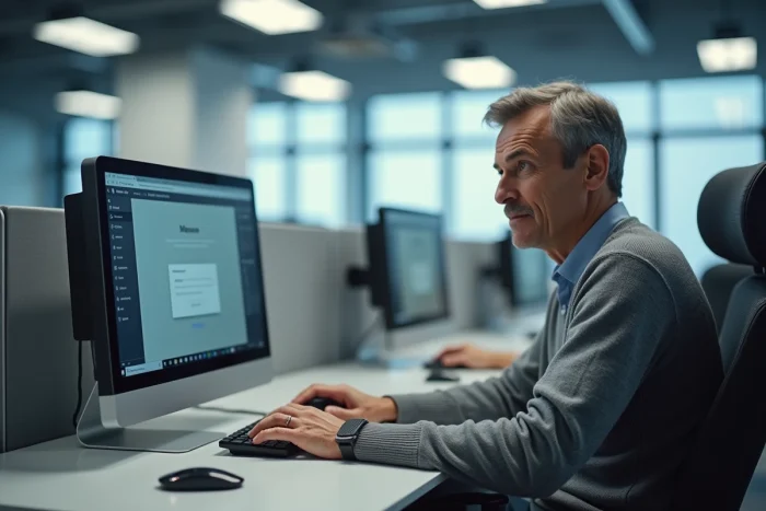 Personnel administratif accédant au webmail académique depuis un poste de travail en open space